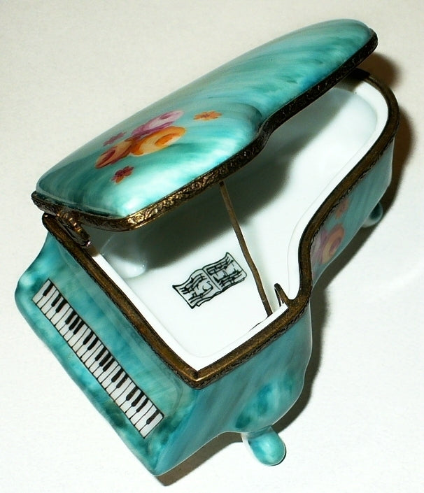 LIMOGES FRANCE BOX~ TEAL GRAND PIANO & FLOWERS ~ ROSES ~ SHEET MUSIC ~PEINT MAIN