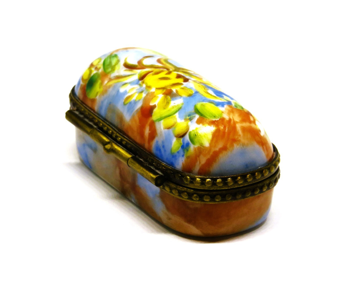LIMOGES FRANCE - DUBARRY- SMALL FLORAL PIN BOX  - WATERCOLOR FLOWERS - RIBBONS