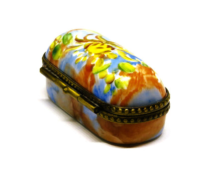 LIMOGES FRANCE - DUBARRY- SMALL FLORAL PIN BOX  - WATERCOLOR FLOWERS - RIBBONS