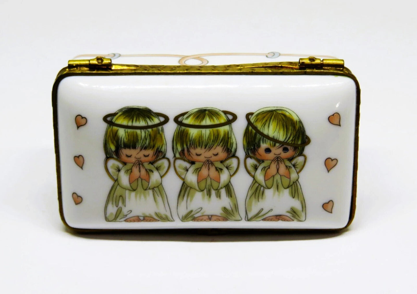 LIMOGES FRANCE BOX ~ ROCHARD ~ 3 LITTLE ANGELS ~ PINK HEARTS ~ "GOD BLESS YOU!"