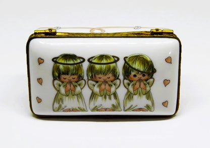 LIMOGES FRANCE BOX ~ ROCHARD ~ 3 LITTLE ANGELS ~ PINK HEARTS ~ "GOD BLESS YOU!"