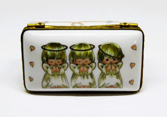 LIMOGES FRANCE BOX ~ ROCHARD ~ 3 LITTLE ANGELS ~ PINK HEARTS ~ "GOD BLESS YOU!"