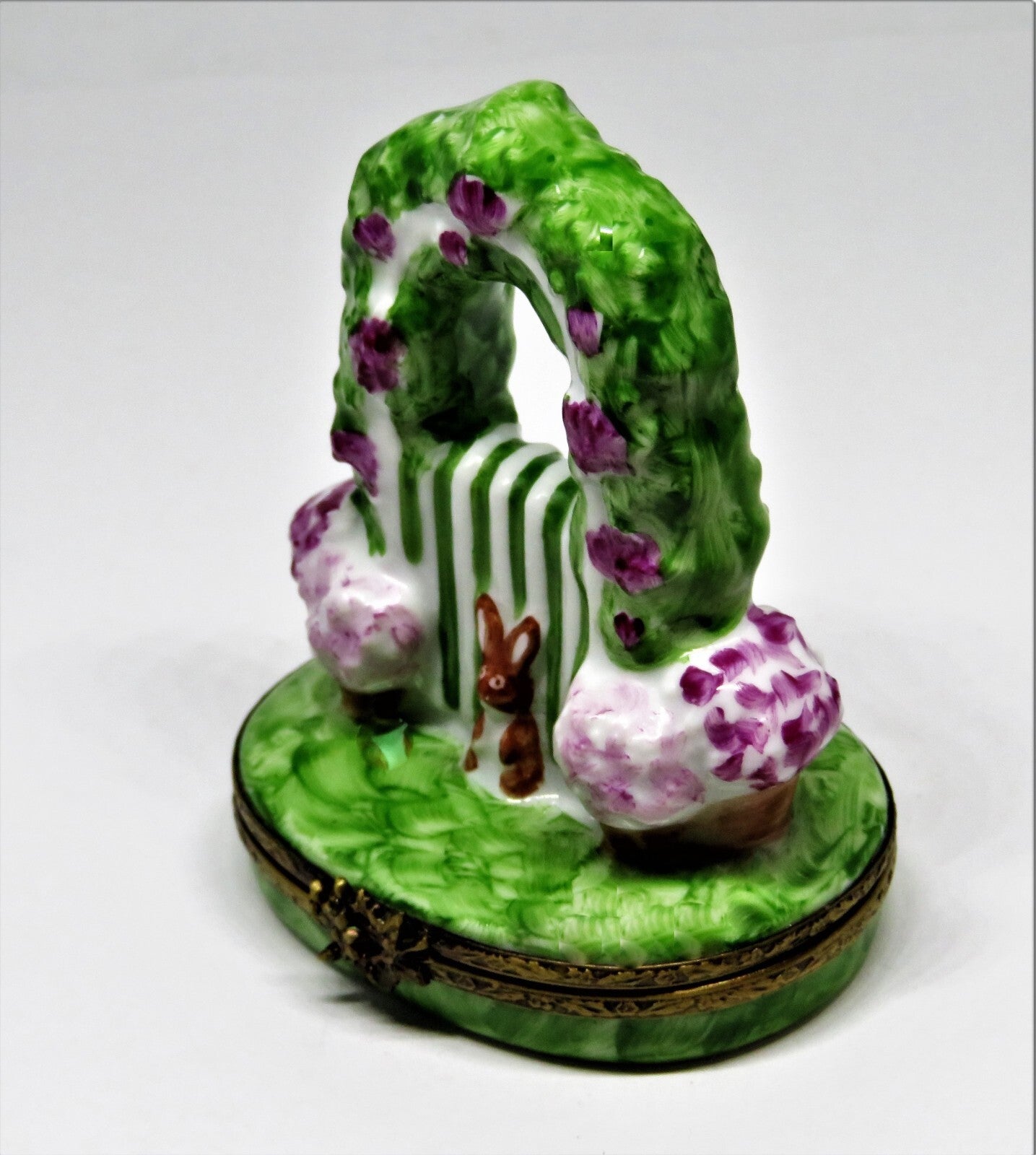 LIMOGES FRANCE BOX - EASTER BUNNY & ARBOR OF PINK FLOWERS & GARDEN GATE - RABBIT