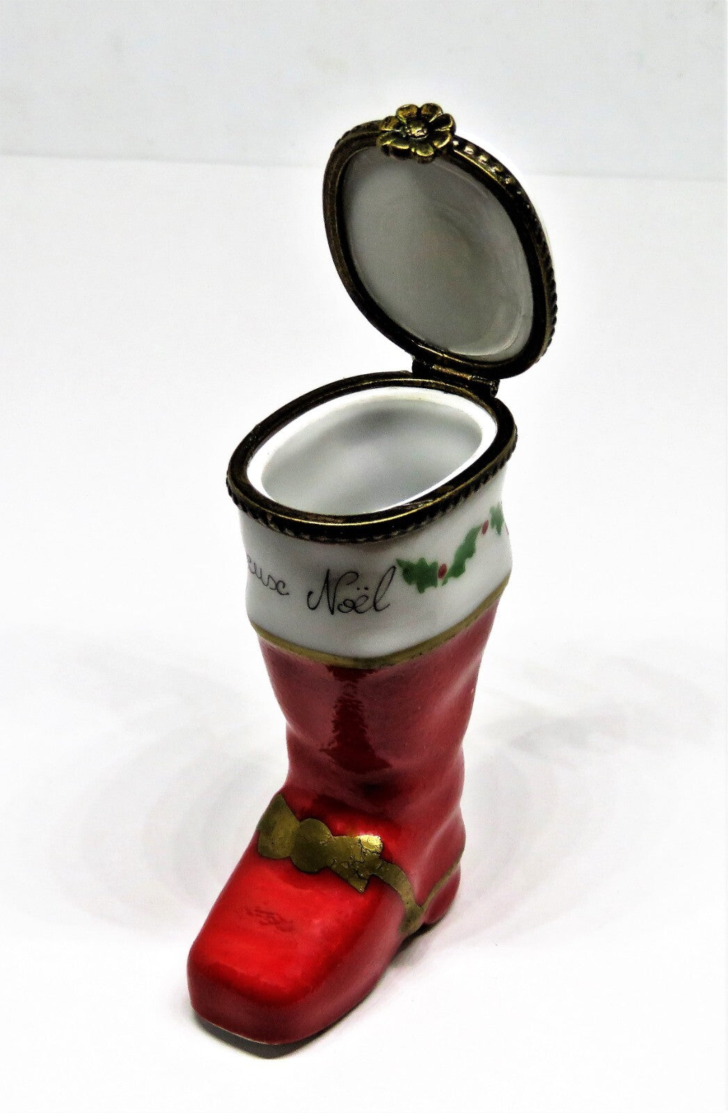 LIMOGES FRANCE BOX -CHRISTMAS- SANTA CLAUS BOOT - HOLLY & WREATH & "JOYEUX NOEL"