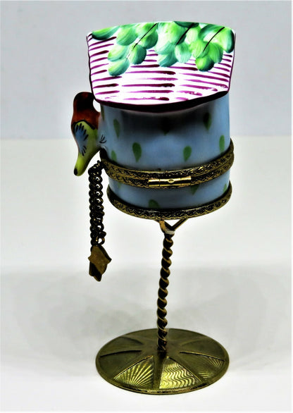 LIMOGES FRANCE BOX- LIMOGES IMPORTS - BIRD HOUSE & METAL STAND - ACORNS & LEAVES