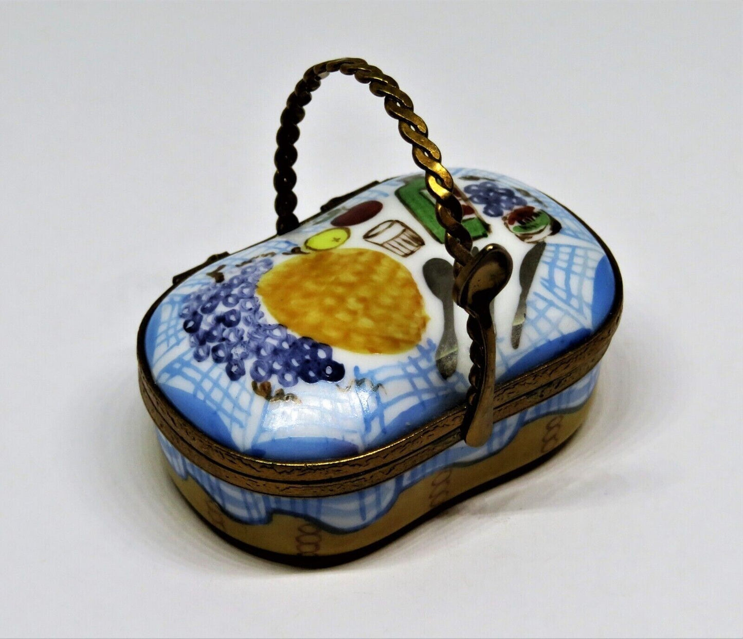 LIMOGES BOX - 'WICKER' PICNIC BASKET & SPOON CLASP - WINE, CHEESE & FRUIT