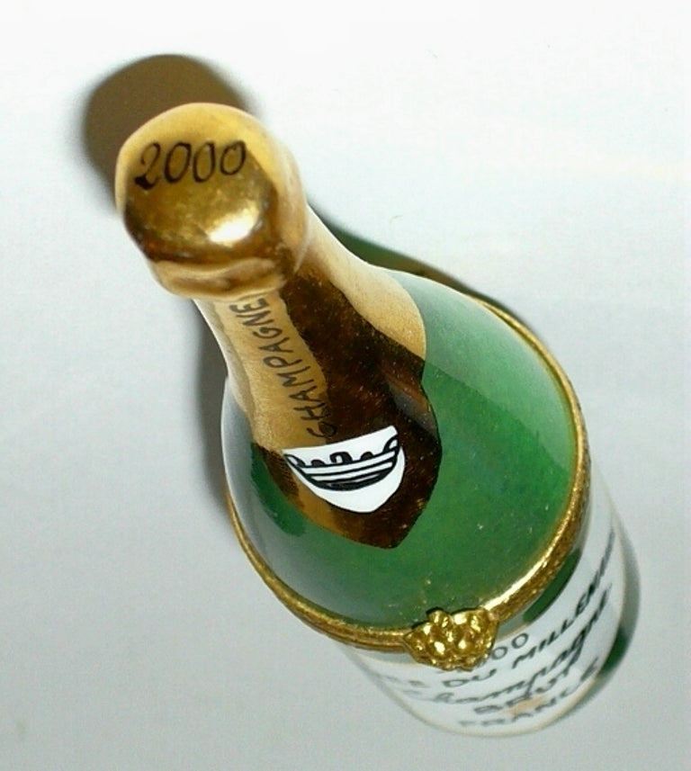 LIMOGES FRANCE BOX - CHAMPAGNE BOTTLE & 2 PORCELAIN GLASSES - NEW YEAR'S EVE