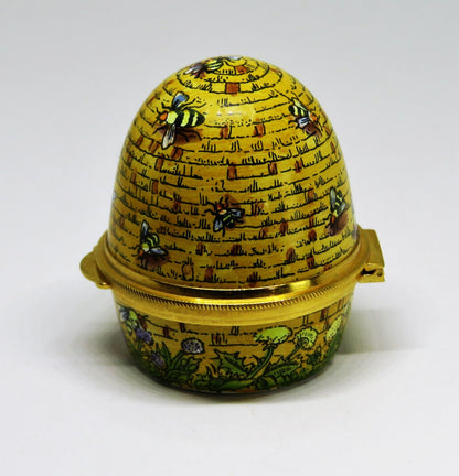 STAFFORDSHIRE ENGLISH ENAMEL BOX - VINTAGE BEEHIVE - BEE HIVE - BEES & FLOWERS