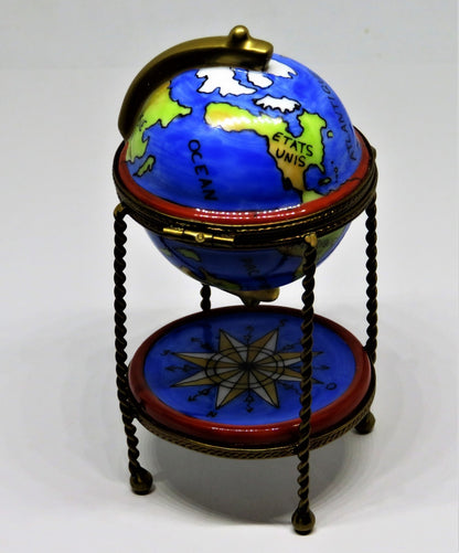 LIMOGES FRANCE BOX -PARRY-VIEILLE- WORLD GLOBE & METAL STAND - REMOVABLE COMPASS