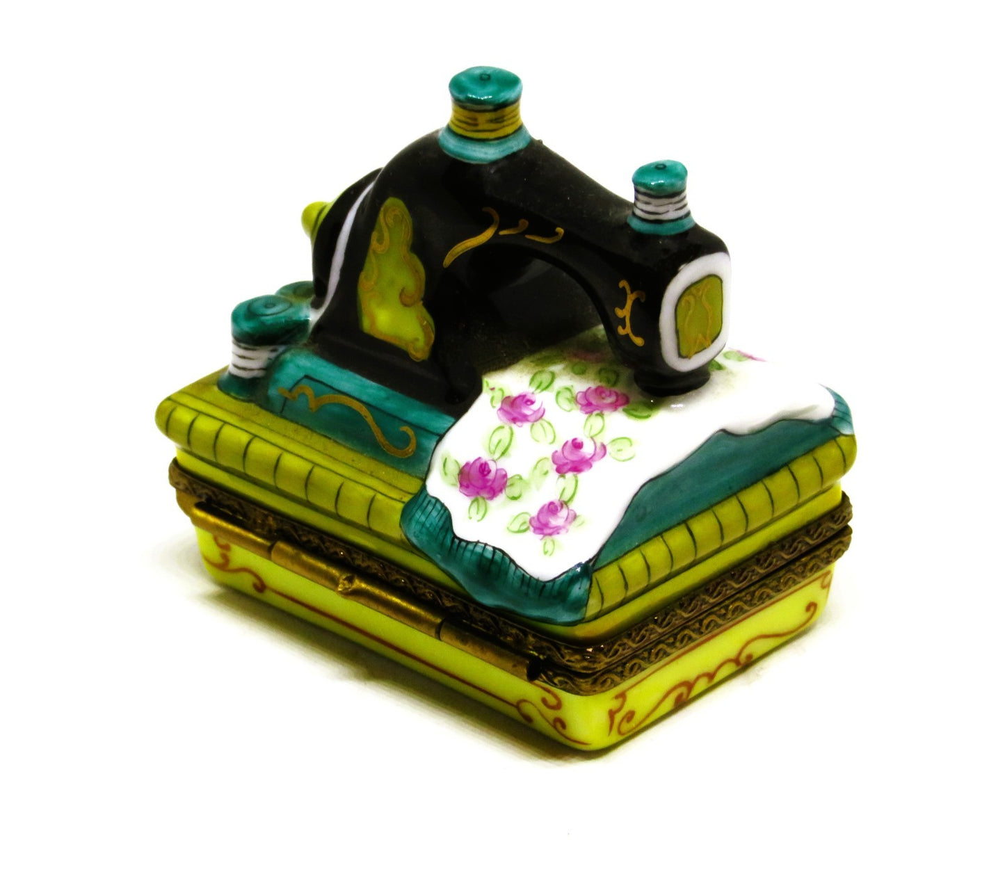 LIMOGES FRANCE BOX - ANTIQUE SEWING MACHINE & ROSE FABRIC -SCISSORS & THREAD- LE