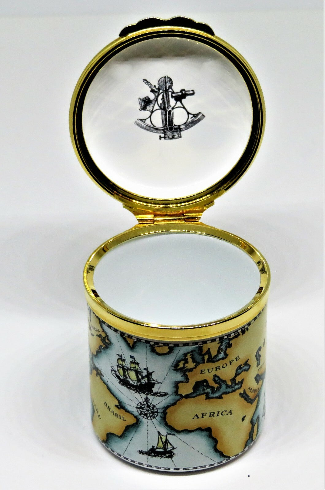HALCYON DAYS ENAMEL BOX - ANTIQUE NAUTICAL MAP - MASTED SAILING SHIPS - COMPASS