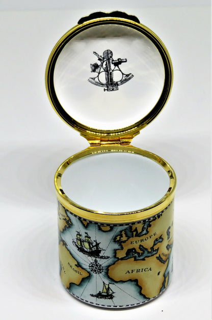 HALCYON DAYS ENAMEL BOX - ANTIQUE NAUTICAL MAP - MASTED SAILING SHIPS - COMPASS