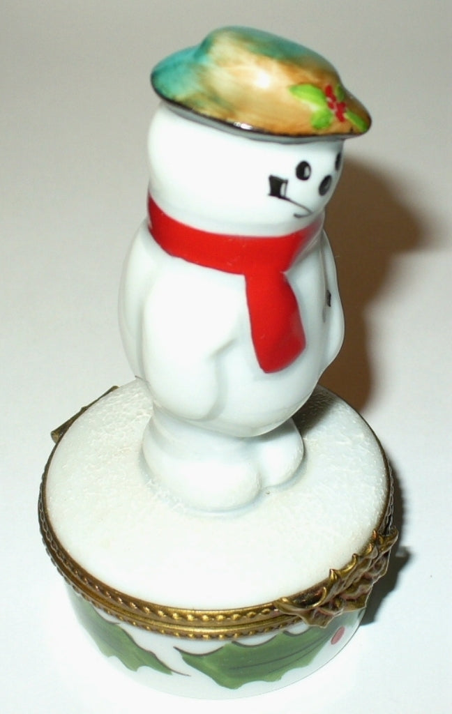 LIMOGES FRANCE BOX- ROCHARD - CHRISTMAS -SNOWMAN & SCARF & HAT & UMBRELLA- HOLLY