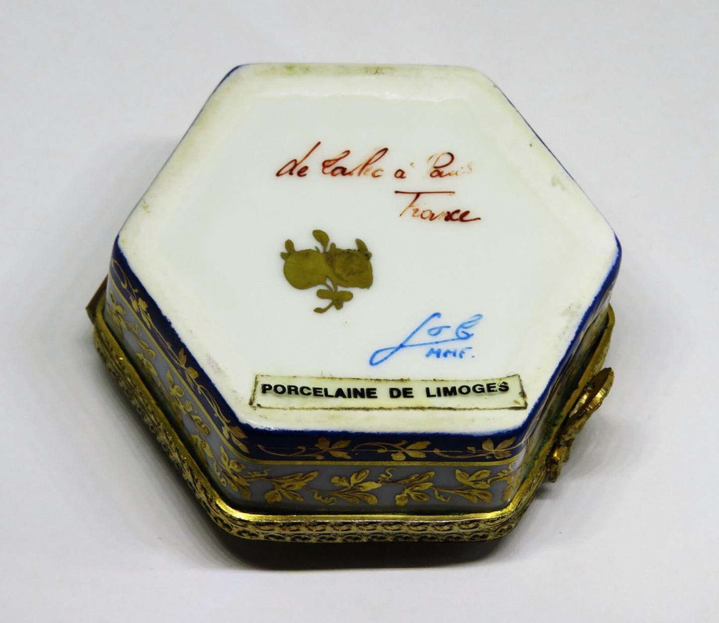 LIMOGES FRANCE HEXAGON BOX - LE TALLEC - FLOWERS & GOLD VINES - ROSES - 1960