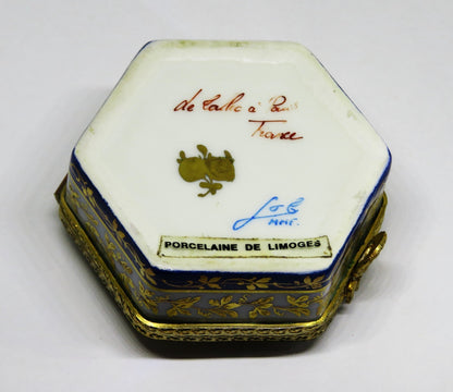 LIMOGES FRANCE HEXAGON BOX - LE TALLEC - FLOWERS & GOLD VINES - ROSES - 1960