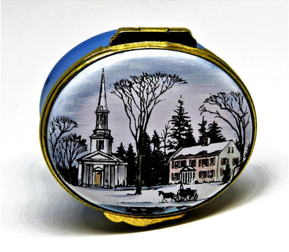 CRUMMLES ENAMEL BOX - CAPE COD - SANDWICH, MA -QUAINT SNOWY WINTER VILLAGE SCENE