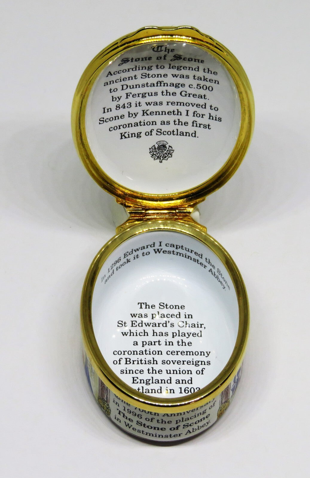 HALCYON DAYS ENGLISH ENAMEL BOX- THE STONE OF SCONE - BRITISH ROYALTY - SCOTLAND
