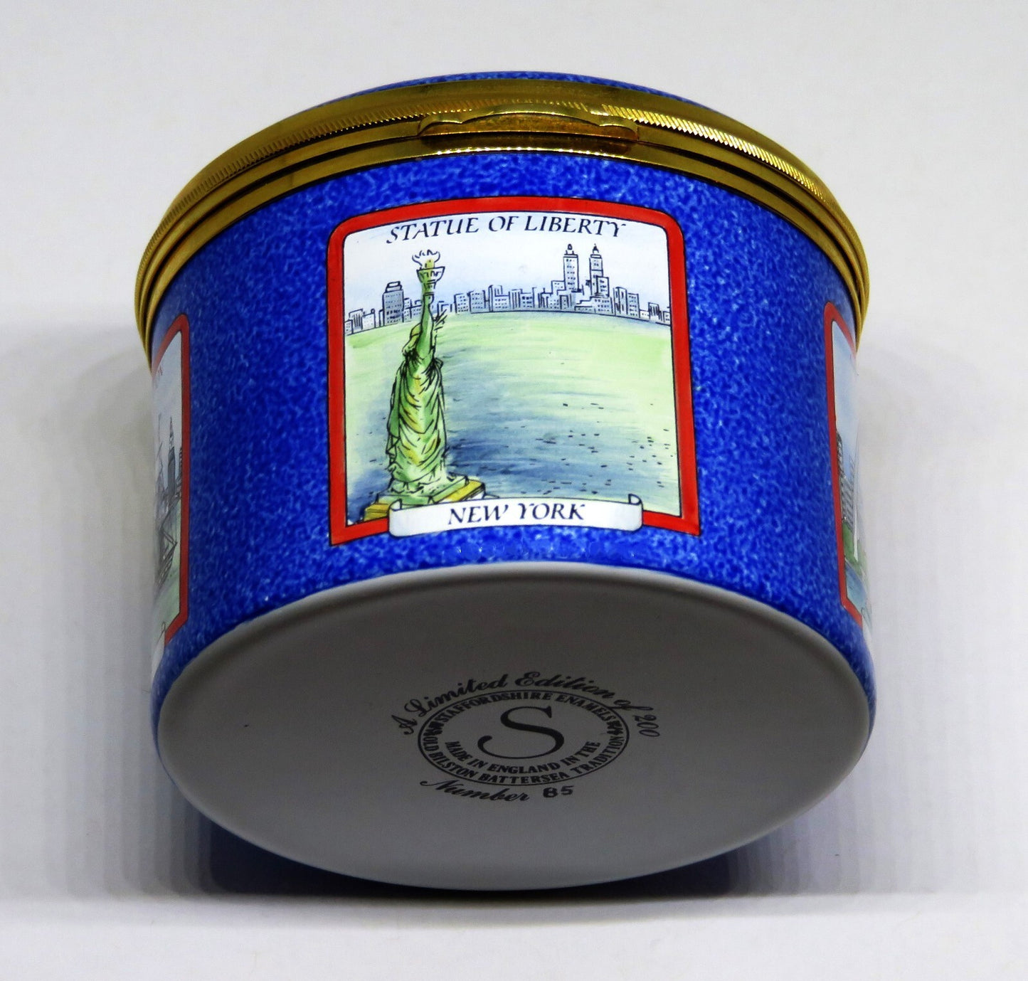 STAFFORDSHIRE ENGLISH ENAMEL BOX - U. S. LANDMARKS - STATUE OF LIBERTY - CAPITOL