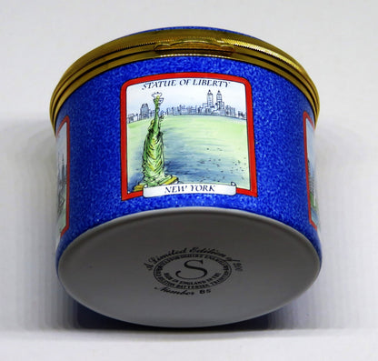 STAFFORDSHIRE ENGLISH ENAMEL BOX - U. S. LANDMARKS - STATUE OF LIBERTY - CAPITOL