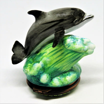 HALCYON DAYS ENGLISH ENAMEL BOX - DOLPHIN ON A WAVE BONBONNIERE - PORPOISE - MIB