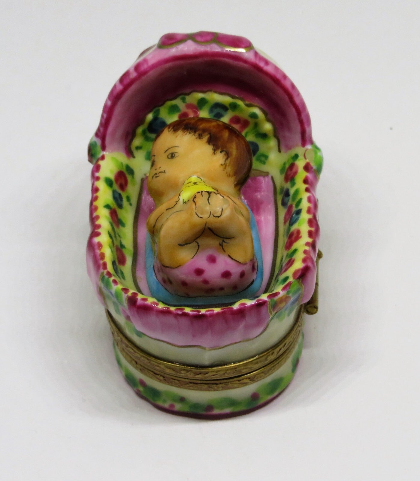 LIMOGES FRANCE BOX - ROCHARD - BABY GIRL IN A BASKET - ROSES & BOW & HEART - BIB
