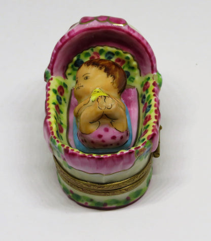 LIMOGES FRANCE BOX - ROCHARD - BABY GIRL IN A BASKET - ROSES & BOW & HEART - BIB