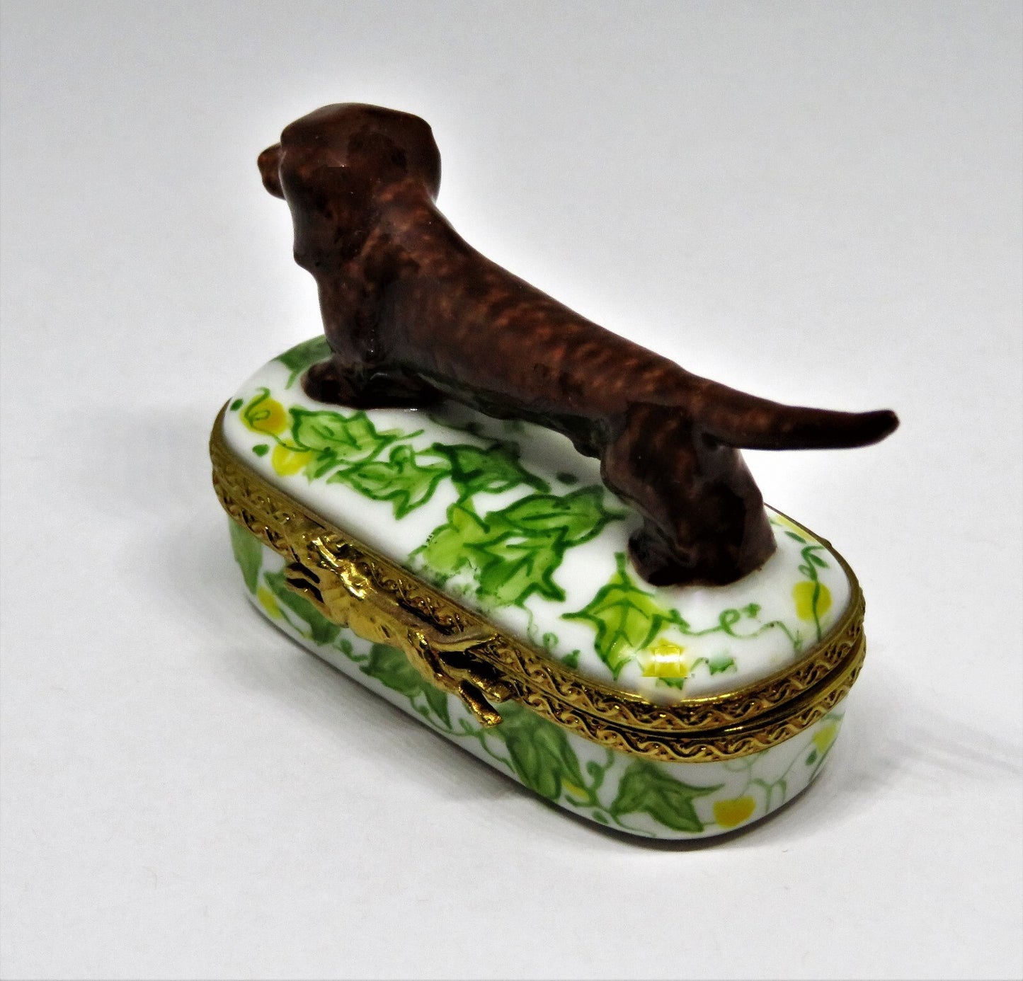 LIMOGES FRANCE - BROWN DACHSHUND DOG & PIN SHAPED BOX - LEAVES & FLOWERS - PUPPY