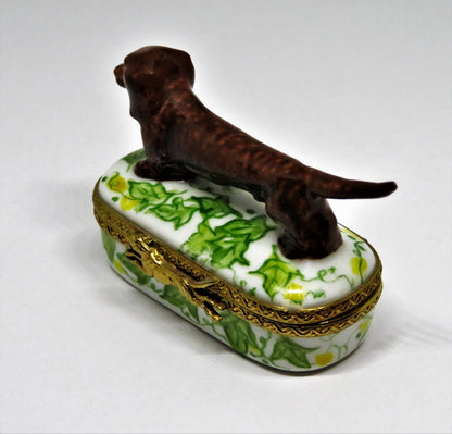 LIMOGES FRANCE - BROWN DACHSHUND DOG & PIN SHAPED BOX - LEAVES & FLOWERS - PUPPY