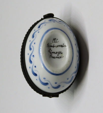LIMOGES FRANCE BOX ~ VINTAGE FLORAL EASTER EGG ~ BLUE FLOWERS ~ TOP SIGNED "MC"