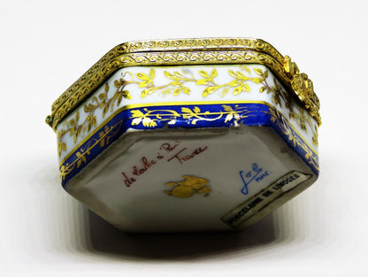 LIMOGES FRANCE HEXAGON BOX - LE TALLEC - FLOWERS & GOLD VINES - ROSES - 1960