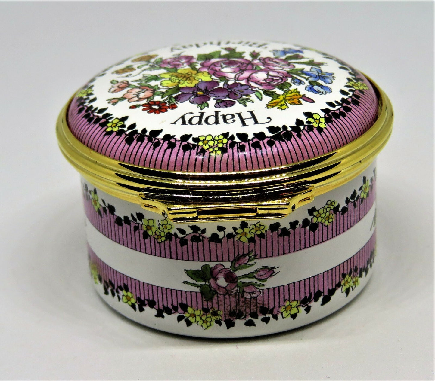 HALCYON DAYS ENGLISH ENAMEL BOX - "HAPPY BIRTHDAY" & BOUQUET OF FLOWERS - MIB
