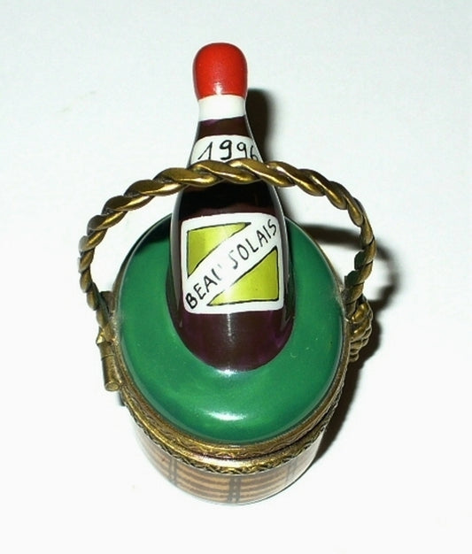 LIMOGES FRANCE BOX ~ PV ~ 1996 BEAUJOLAIS WINE BOTTLE & BASKET ~ PEINT MAIN