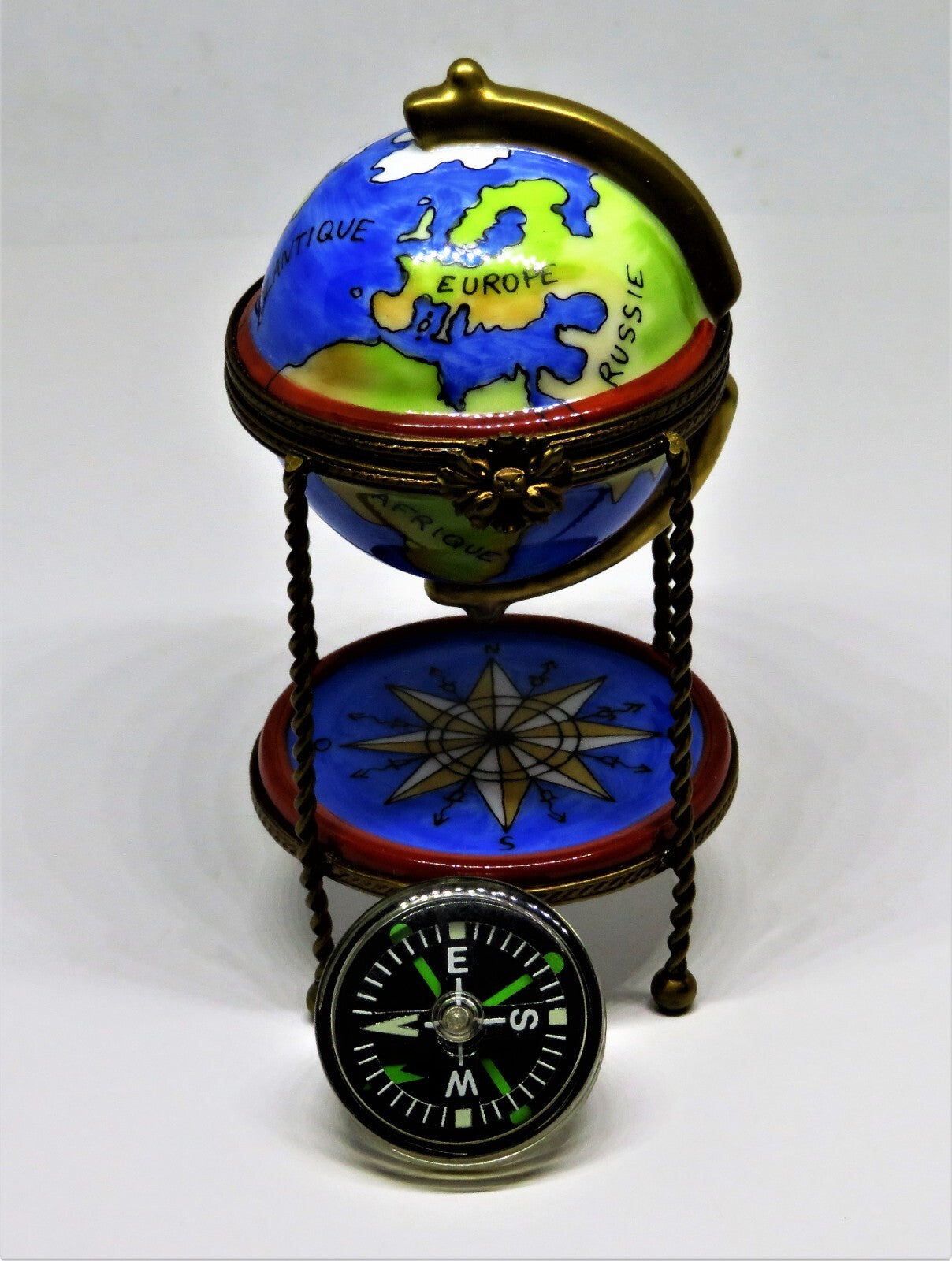 LIMOGES FRANCE BOX -PARRY-VIEILLE- WORLD GLOBE & METAL STAND - REMOVABLE COMPASS
