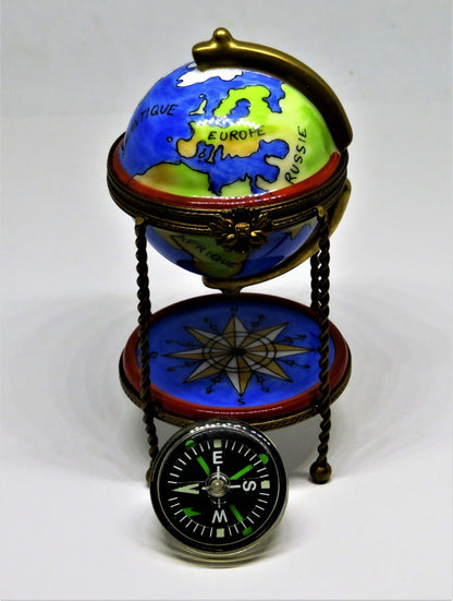 LIMOGES FRANCE BOX -PARRY-VIEILLE- WORLD GLOBE & METAL STAND - REMOVABLE COMPASS