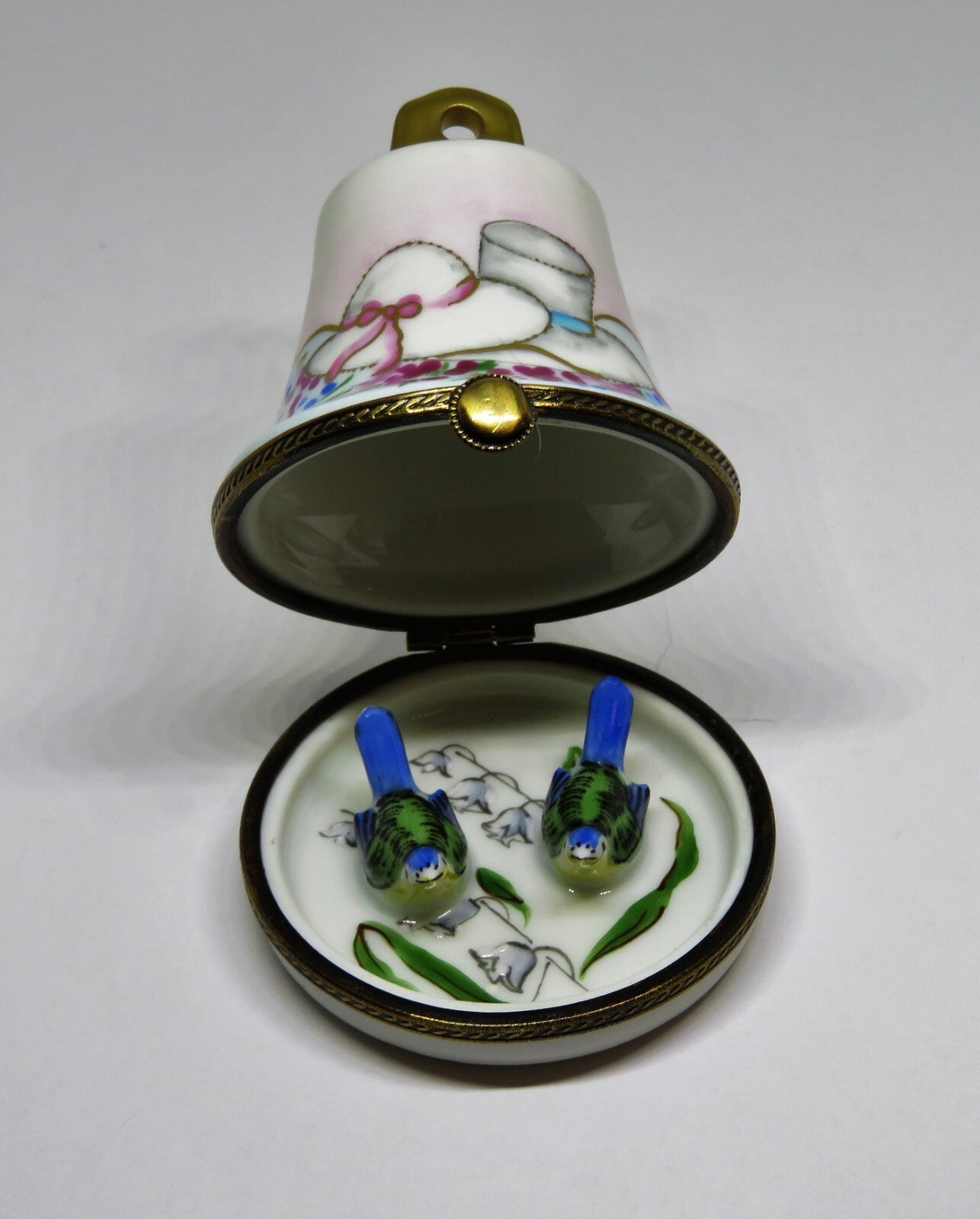 LIMOGES FRANCE BOX -CHAMART- WEDDING BELL -LILY OF THE VALLEY FLOWERS & 3D BIRDS