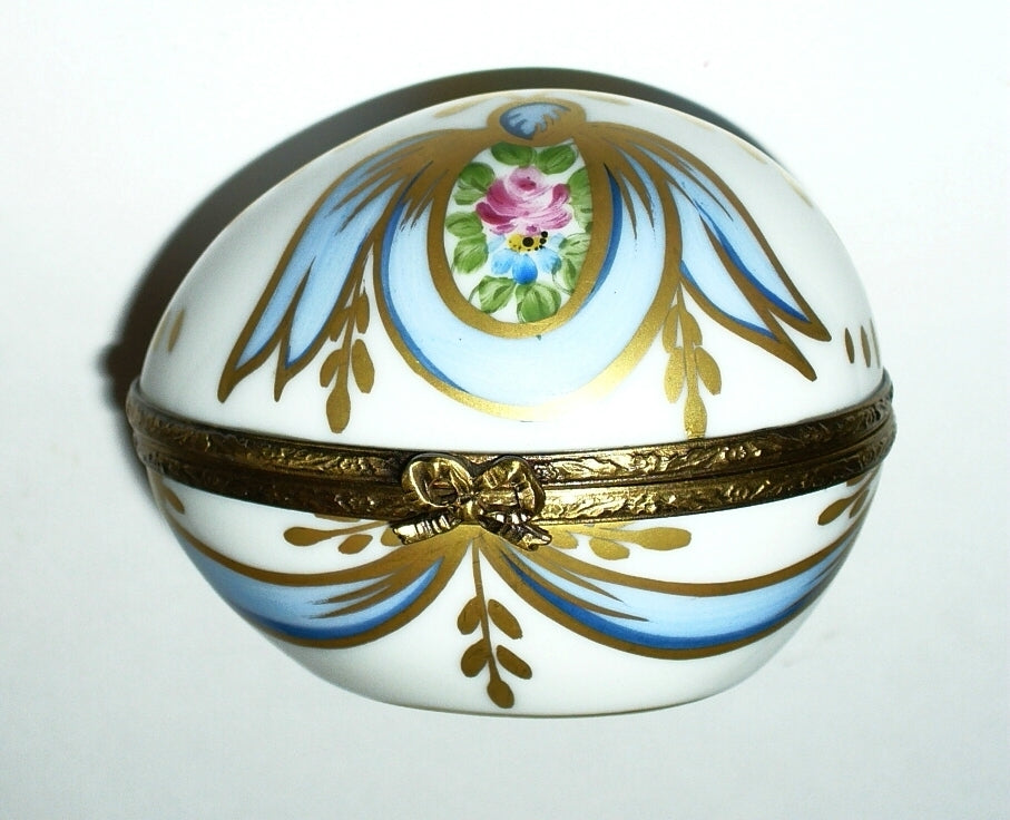 LIMOGES FRANCE BOX - FLORAL EGG - PINK ROSES & RIBBONS & PERFUME BOTTLE  - GR