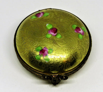 LIMOGES FRANCE BOX - VINTAGE GOLD INCRUSTATION COMPACT - FLOWERS - PINK ROSES