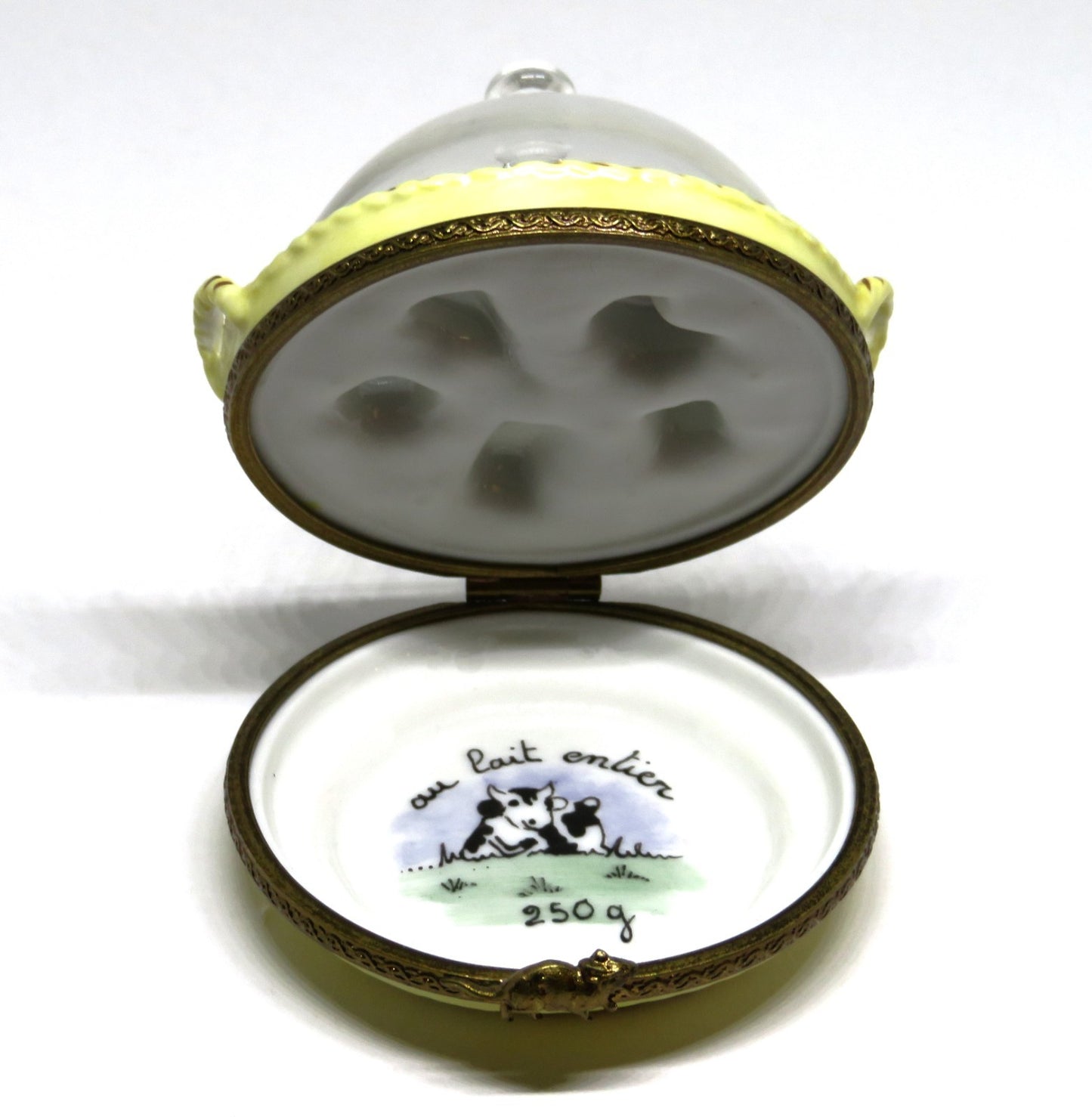 LIMOGES FRANCE BOX - PARRY-VIEILLE - DOMED GLASS CHEESE TRAY - MOUSE CLASP - COW