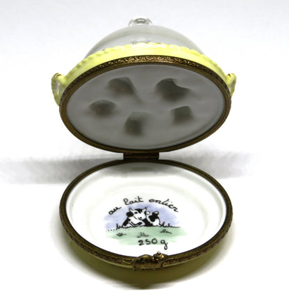LIMOGES FRANCE BOX - PARRY-VIEILLE - DOMED GLASS CHEESE TRAY - MOUSE CLASP - COW