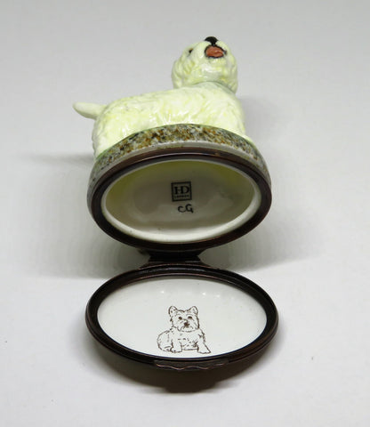 HALCYON DAYS ENGLISH ENAMEL BOX - WEST HIGHLAND TERRIER BONBONNIERE -DOG- PUPPY
