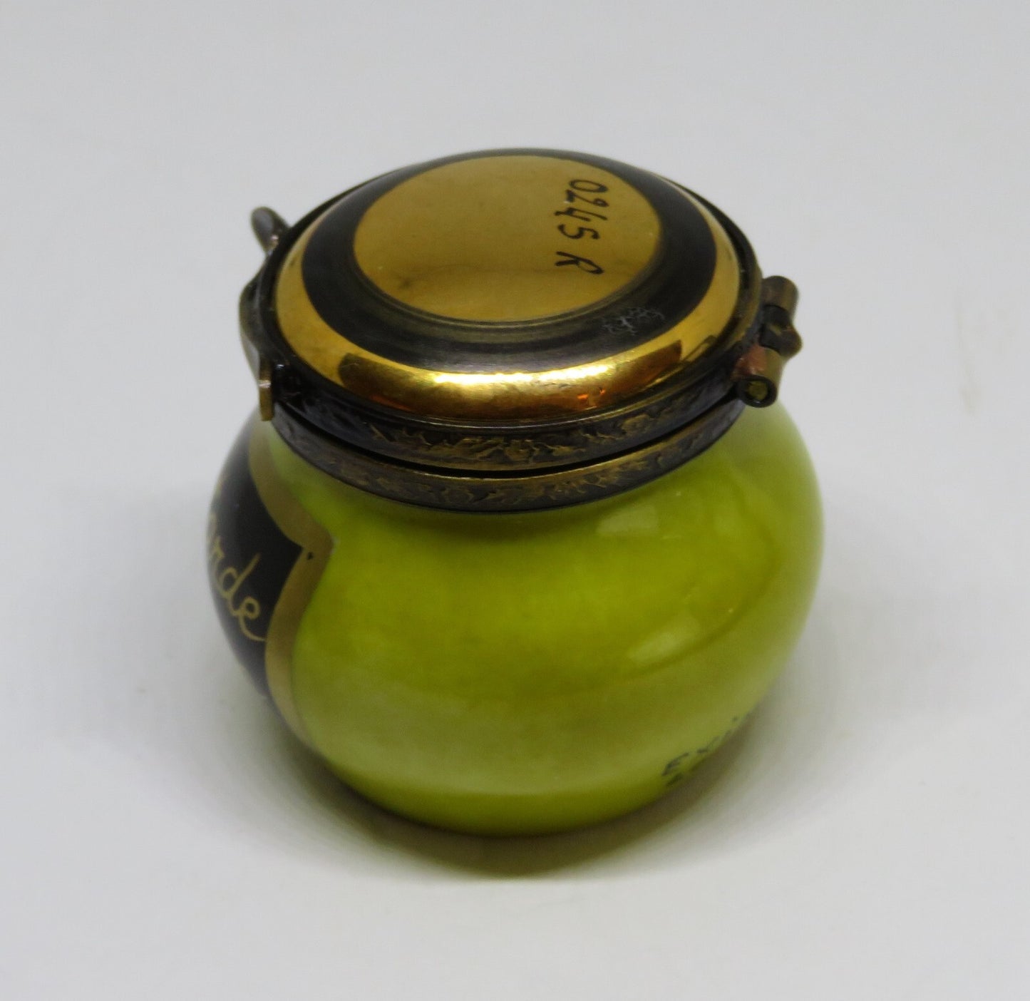 LIMOGES FRANCE BOX ~ EXIMIOUS ~ JAR OF DIJON FRENCH MUSTARD & SPOON ~ PEINT MAIN