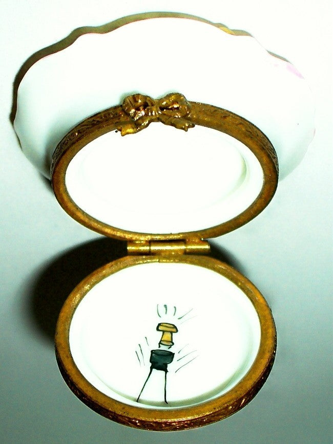 LIMOGES FRANCE BOX- HAPPY ANNIVERSARY CAKE ON PLATE & FORK -CHAMPAGNE & CONFETTI