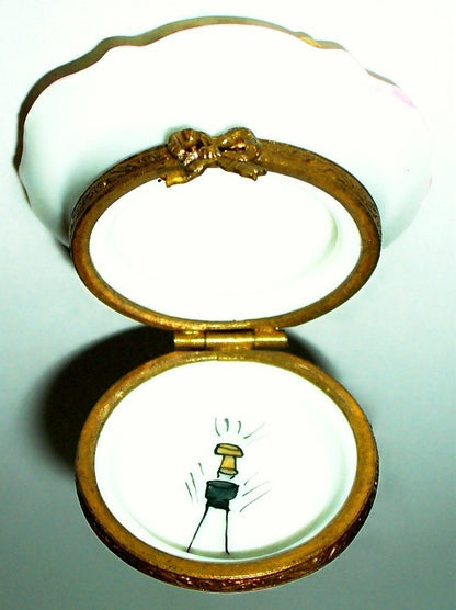 LIMOGES FRANCE BOX- HAPPY ANNIVERSARY CAKE ON PLATE & FORK -CHAMPAGNE & CONFETTI