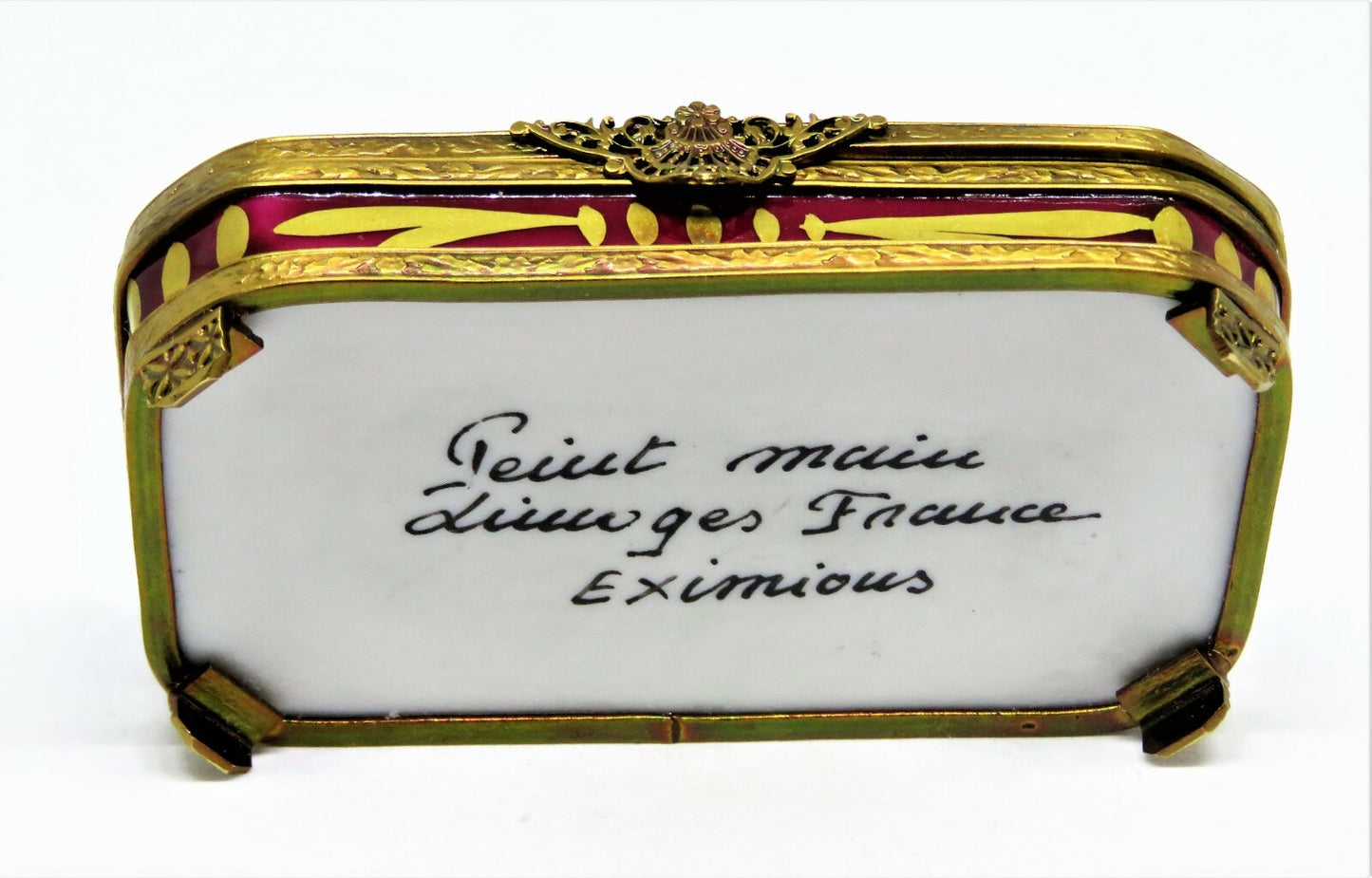 LIMOGES FRANCE BOX - EXIMIOUS - CLASSIC BURGUNDY FLORAL & METAL STAND - FLOWERS