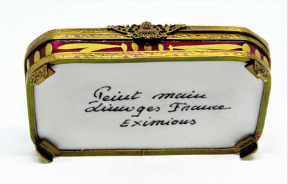LIMOGES FRANCE BOX - EXIMIOUS - CLASSIC BURGUNDY FLORAL & METAL STAND - FLOWERS
