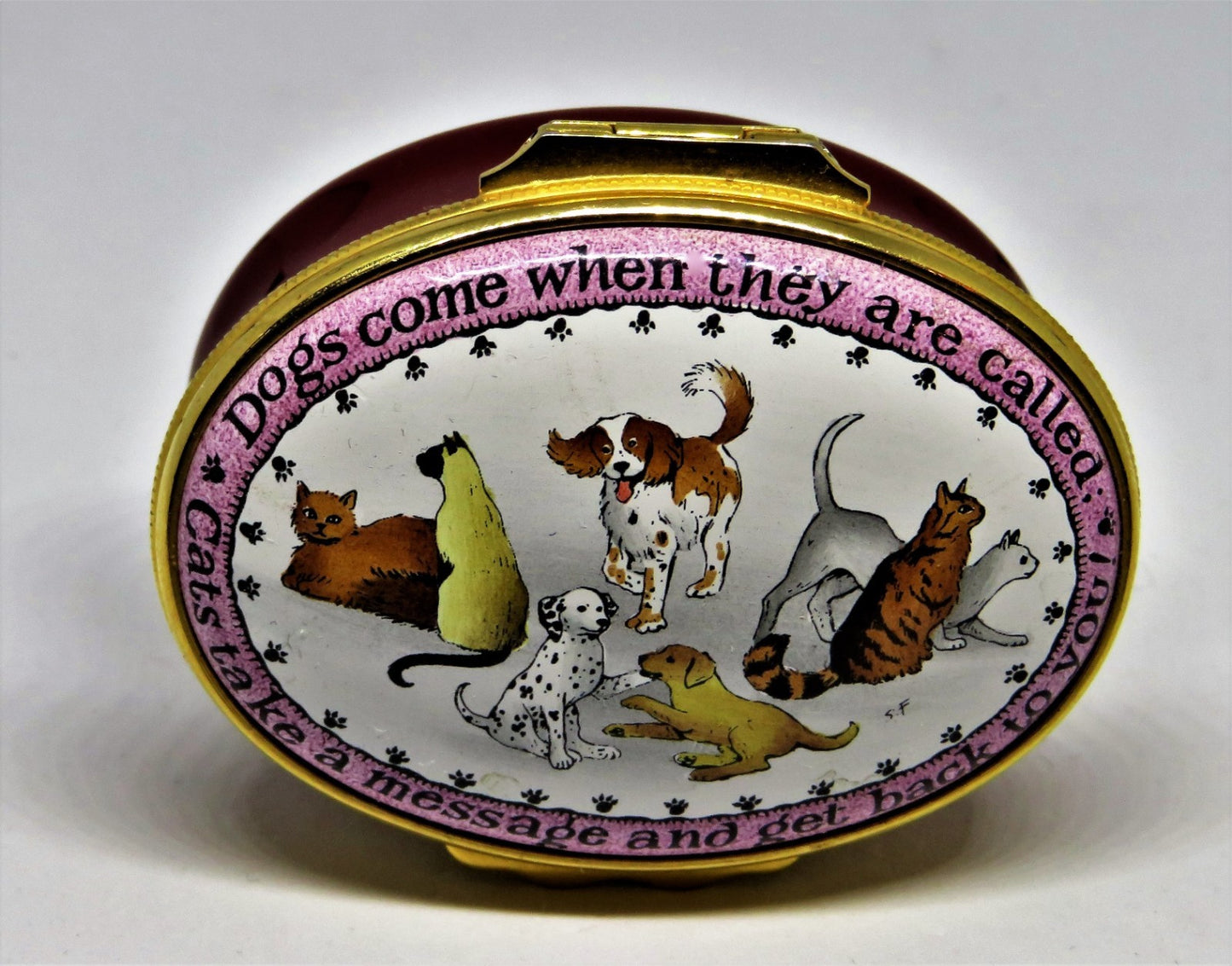 HALCYON DAYS ENAMEL BOX- "THE DIFFERENCE BETWEEN DOGS & CATS" - GUMP'S EXCLUSIVE