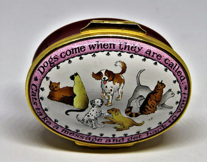 HALCYON DAYS ENAMEL BOX- "THE DIFFERENCE BETWEEN DOGS & CATS" - GUMP'S EXCLUSIVE