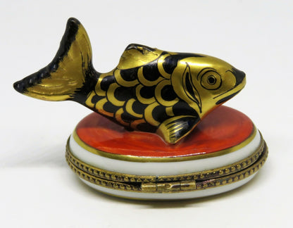 LIMOGES FRANCE BOX - BLACK & GOLD TROPICAL FISH - LUCKY FOUR LEAF CLOVER CLASP
