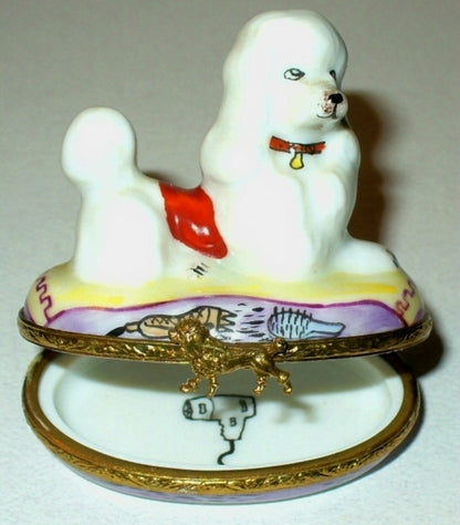LIMOGES FRANCE BOX - WHITE FRENCH POODLE & GROOMING ACCESSORIES - DOG - PUPPY