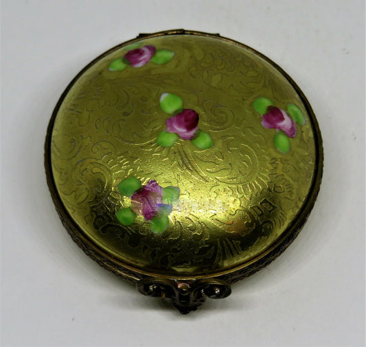 LIMOGES FRANCE BOX - VINTAGE GOLD INCRUSTATION COMPACT - FLOWERS - PINK ROSES
